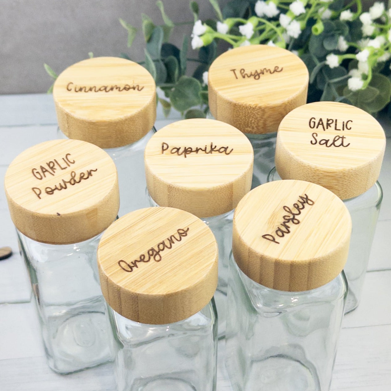 Custom Spice Jars with engraved wooden lid Set