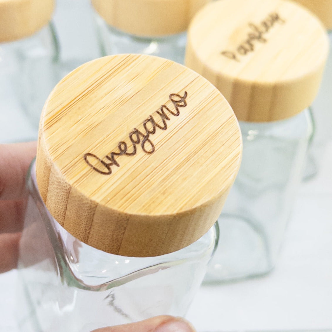 Custom Spice Jars with engraved wooden lid Set