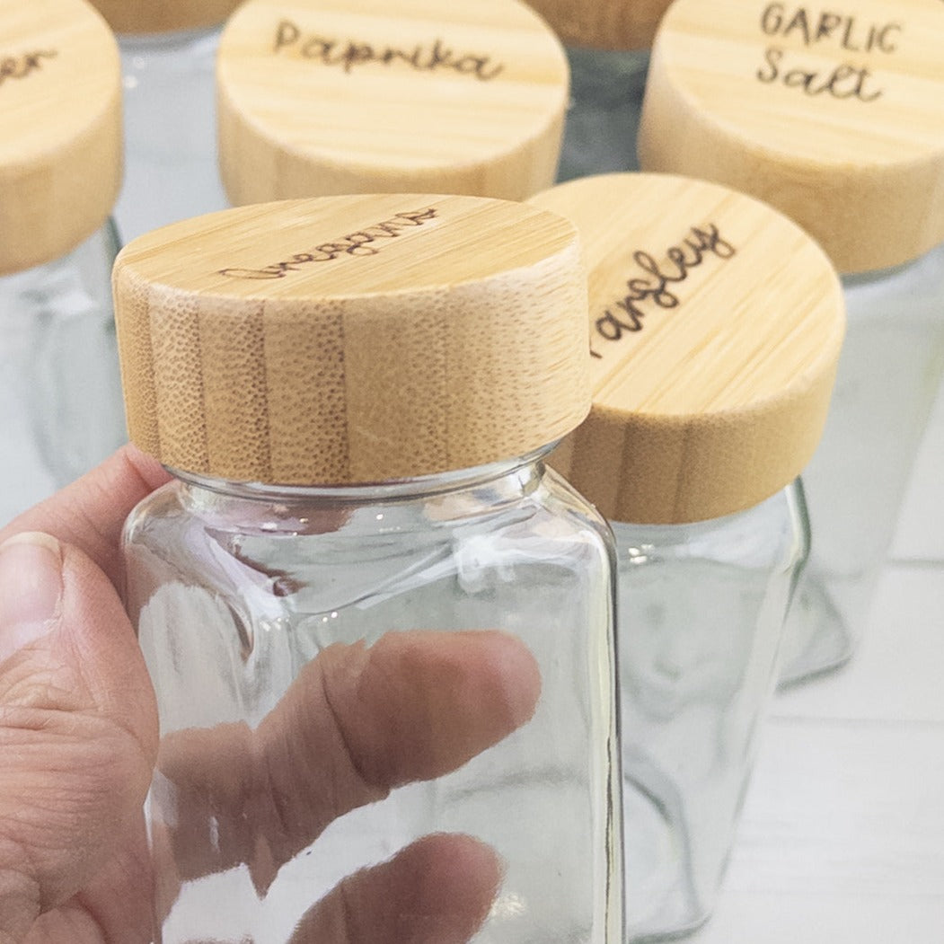 Custom Spice Jars with engraved wooden lid Set