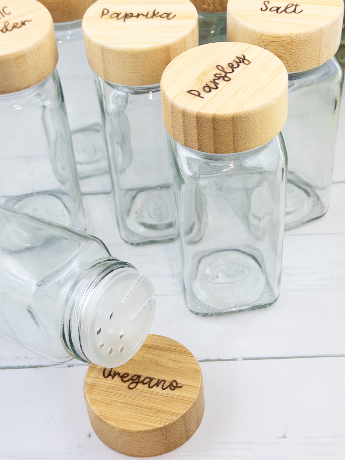 Custom Spice Jars with engraved wooden lid Set