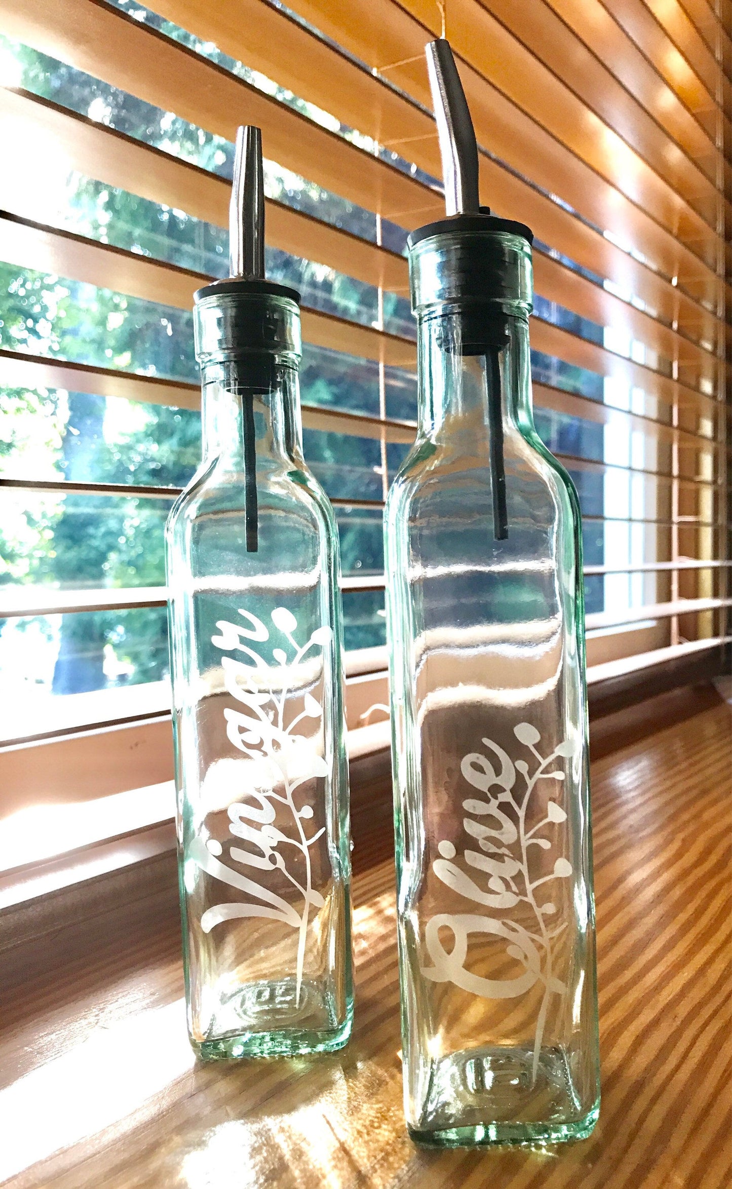 Olive oil dispenser- vinegar dispenser- etched oil bottle- oil bottle