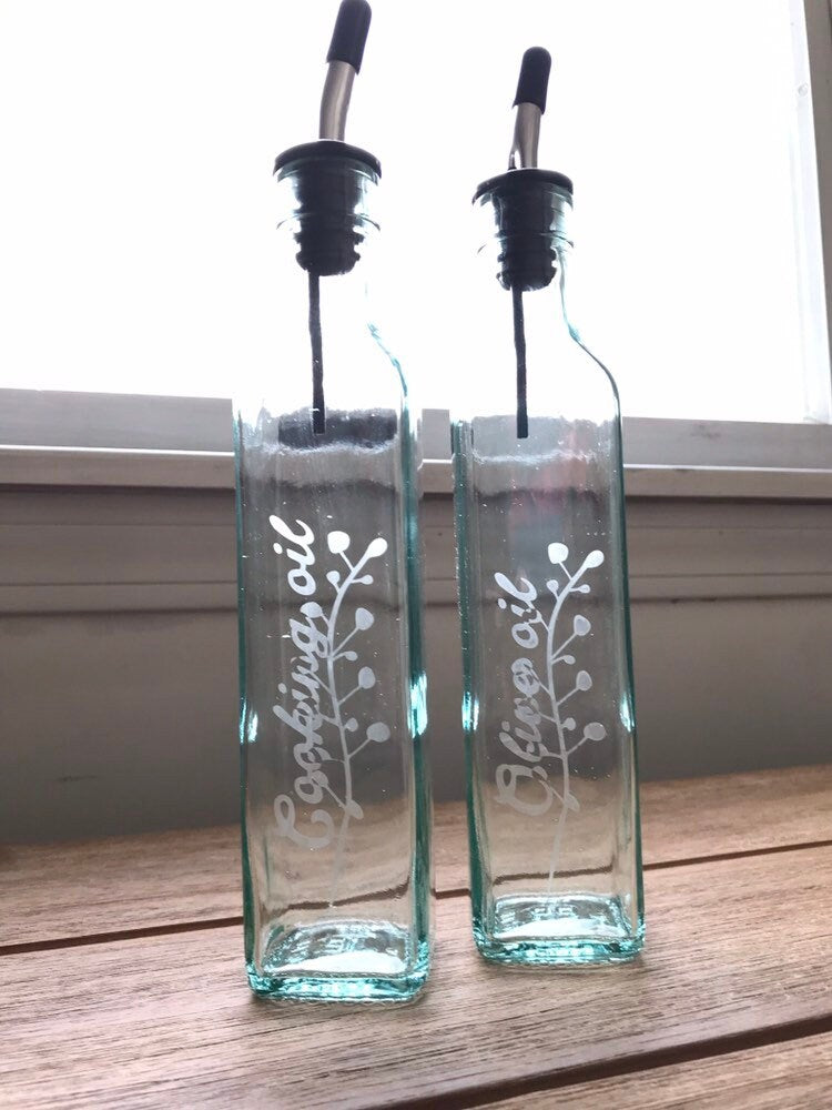 Olive oil dispenser- vinegar dispenser- etched oil bottle- oil bottle