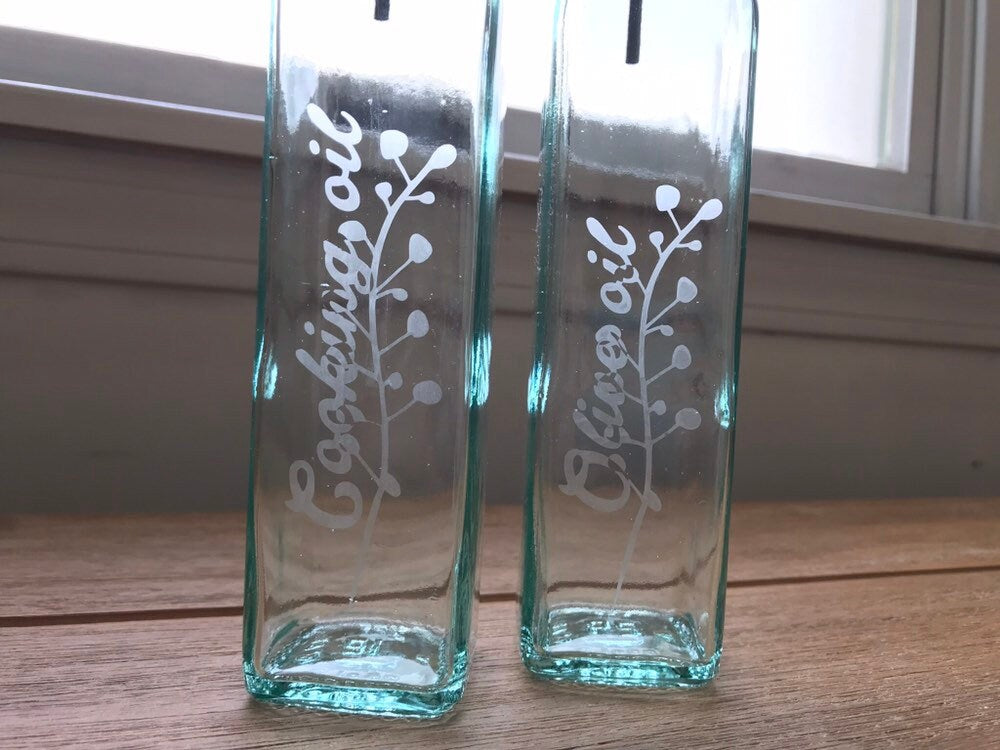 Olive oil dispenser- vinegar dispenser- etched oil bottle- oil bottle