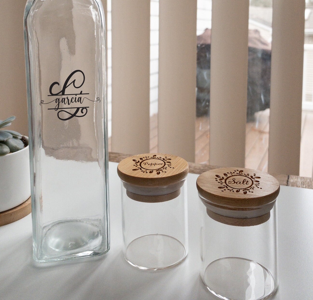 Laser engraved glass spice jars