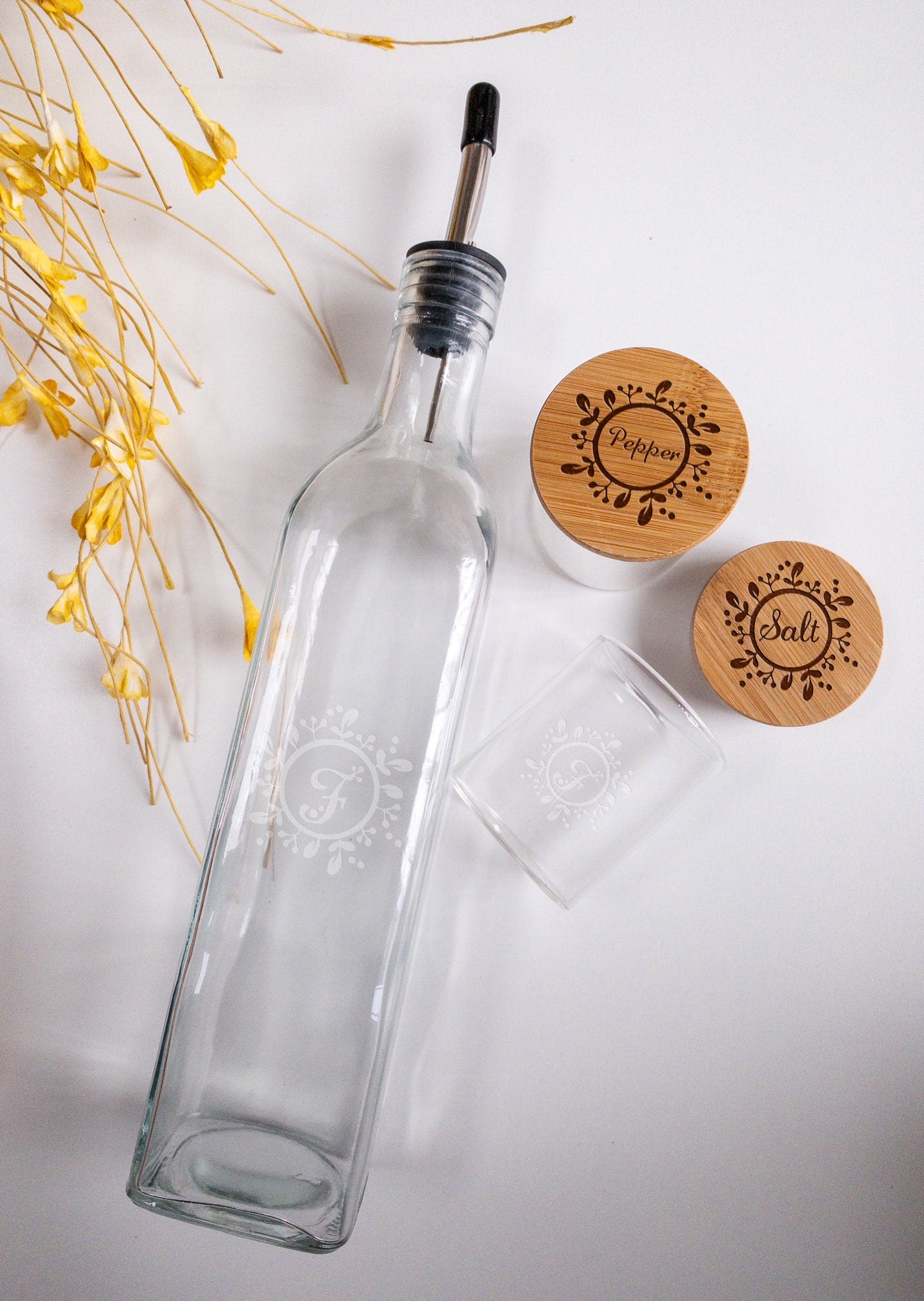Laser engraved glass spice jars