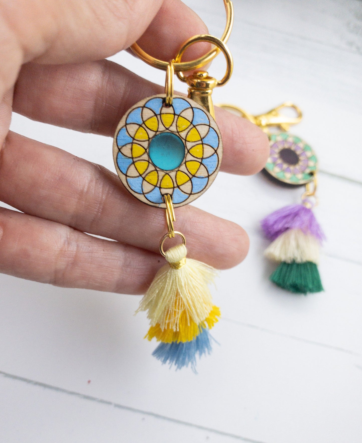 Colorful geometric keychain with tassel