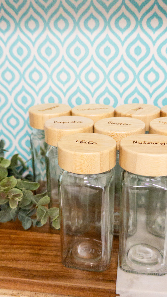 Custom Spice Jars with engraved wooden lid Set