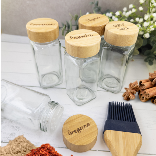 Custom Spice Jars with engraved wooden lid Set