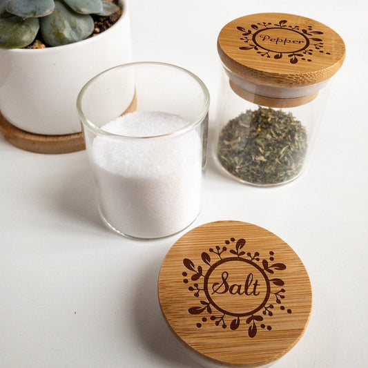 Laser engraved glass spice jars